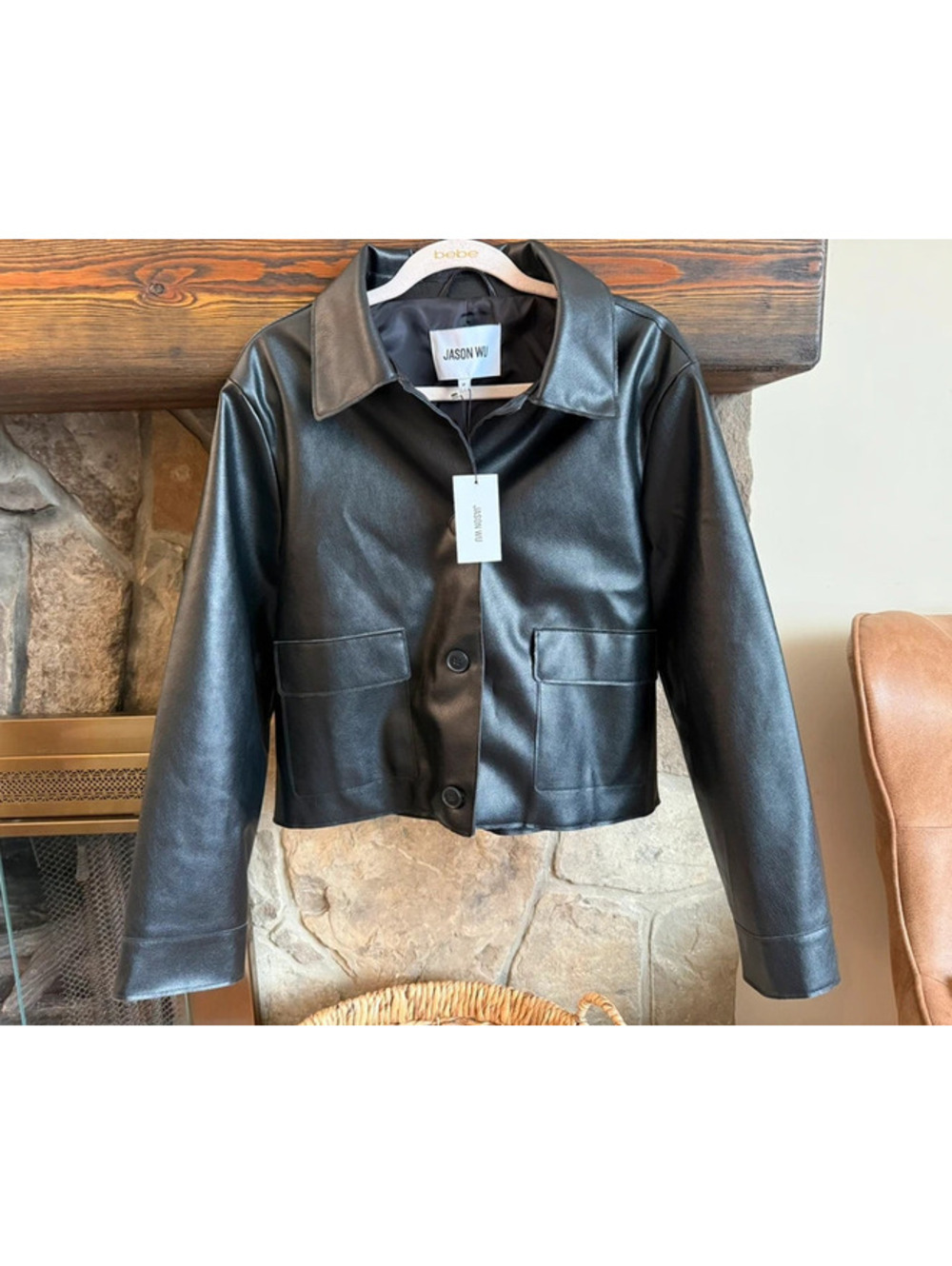 Jason Wu Faux Leather Cropped Button Up Jacket
